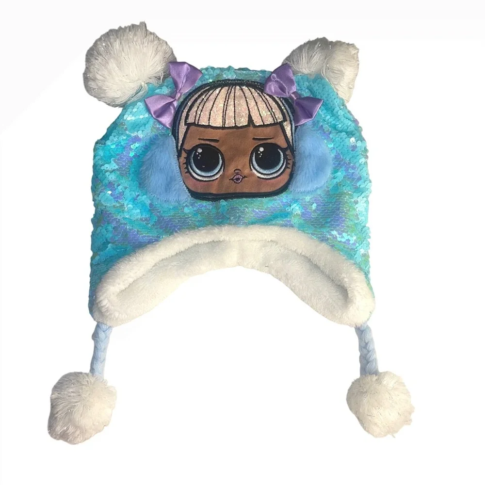 LOL Surprise Sequin Winter Hat Kids Earflap Pom Pom Y2K‎ Cute Kawaii